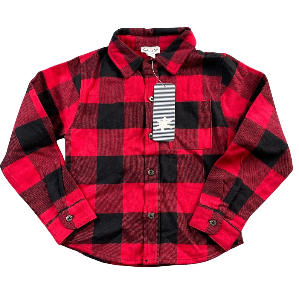 Splendid Kids Size 3 Red Black Buffalo Plaid Flannel Long Sleeve Shirt NWT READ